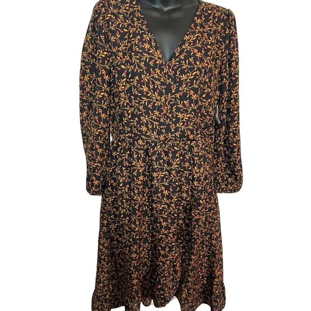 Floral Black & Red Long Sleeve Faux Wrap Dress asymmetrical hem ruffle M prairie